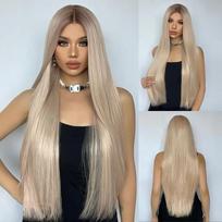 ALAN EATON Super ilgas nėriniuotas priekinis perukas tiesus šviesus perukas su tamsiu šaknimi moterims kasdieniam vakarėliui Cosplay vestuvėms didelio tankumo beige
