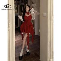 Summer French Style Retro Red Sling Irregular Hem Tight Waist Slimming Vintage Dress White Long Sleeve Cardigan Two-piece Suit S raudona