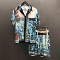 Vyriški viršutiniai drabužiai Vintažinis raštas Apykaklė Streetwear Marškiniai Kostiumai Laisvalaikio rinkiniai Homme Meno kraštovaizdžio spaudinys Trumpomis rankovėmis Marškinių rinkinys Trumpas 3XL