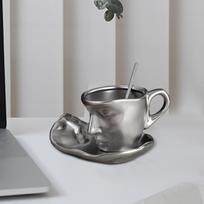 Keraminis kavos puodelis su lėkštute ir šaukšteliu, arbatos puodelis, 3D žmogaus veidas, 260 ml, espreso kavai namams