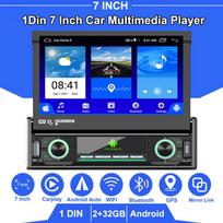 1 Din Carplay automobilio radijas Android auto universalus daugialypės terpės grotuvas 7 colių ištraukiamas ekranas, skirtas Volkswagen Nissan Hyundai Kia 2+32GB juoda