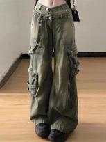 American Vintage Kelių užtrauktukų dizaino stiliaus džinsai moterims aukštu liemeniu, laisvalaikio tiesūs džinsai, moteriški Harajuku mados karštos merginos plataus kirpimo džinsai M antikvarinės bronzos spalvos