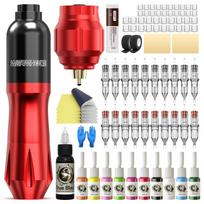 Tatuiruotės rinkinys Rotary Machine Belaidis akumuliatorius 1500 mAh Tatuiruotės maitinimo šaltinis 20 vnt. Mišrus 10 spalvų rašalo pigmentas raudona