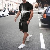 Vyriški 3D spausdinimo raidžių linijos sujungimas lauke, atostogos, kasdieniai gatvės drabužiai apvaliu kaklu trumpomis rankovėmis marškinėliai šortai, sportiniai 2 dalių rinkinys S