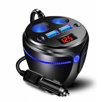 Automatinio lizdo žiebtuvėlio adapteris, automobilinis įkroviklis 2 USB QC ir 2 lizdų puodelio formos automatinis lizdo žiebtuvėlio skirstytuvas su LED įtampos ekrano atmosferos dvigubu įjungimu / išjungimu 7.9x7.2cm juoda