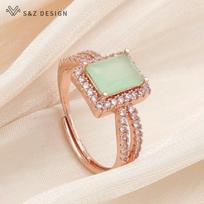 Trendy Luxury Rectangle Crystal Resizable Rings For Women Wedding Party Fashion Rose Gold Color Cubic Zirconia Jewelry Gift beige