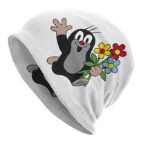 Laimingas kurmis su gėlėmis, laisvalaikio kepurė, unisex žieminės „Skullies“ kepurės, kepurė suaugusiems, animacinis filmas „Krtek Little Maulwurf“ mezgimo kepurė Skullies Beanie Hat