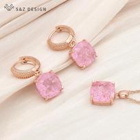 Fashion Rose Gold Color Square Crystal Drop Earrings Jewelry Sets For Women Wedding Temperament Pendant Necklace Gift