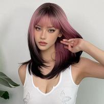 Juodi rožiniai Ombre sintetiniai perukai Cosplay ilgiems tiesiems sluoksniuotiems perukai su kirpčiukais karščiui atspariems netikriems plaukams moterims rožinė