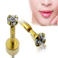 KODY PIERCING 14k aukso brangakmenio lūpų Labret auskarų vėrimo papuošalai iš tuščiavidurio geltono aukso su cirkoniu CZ kvadratas 2,0 mm nustatymas 10 mm ilgis