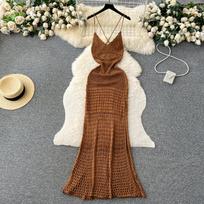Vintažinė nerta, tuščiavidurė elegantiška suknelė, moteriška laisvalaikio paplūdimyje vidutinio dydžio saulės suknelė Moteriška madinga atostogos Seksualios elegantiškos suknelės be nugarų 2024 m. S ruda