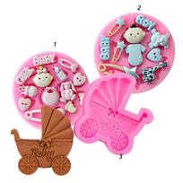 3pcs, Baby Stuff Chocolate Mold, 3D Silicone Mold, Cute Baby Stroller Toy Shape Candy Mold, Fondant Mold, For DIY Cake Decorating Tool, Baking Tools rožinė