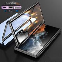 Skirtas „Samsung Galaxy S24 S23 FE S22 Ultra S21 Plus“ 360° pilno erdvinio metalo magnetinis dėklas su ekrano stiklo apsauga, objektyvo apsauginiu dangteliu For Samsung S23 Ultra juoda