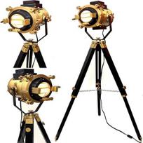 Spotlight Reading Lamp with Wooden Legs Metal Nautical Searchlight Floor Tripod Lamp for Office, Cinema, Dorm black