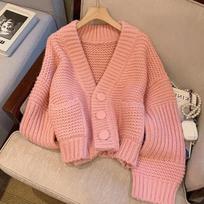 Cardigan Sweater Spring 2023 Pink Fried Dough Twists V-neck Sweater Coat Women Lazy Versatile Short Knitted Cardigan Female One Size rožinė