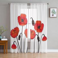 Red Poppy Flower Plant White Chiffon Sheer Curtains for Living Room Bedroom Home Decoration Window Voiles Tulle Drapes Curtain W135 x H115cm x1