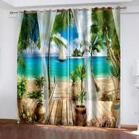 Seaside Scenery Outside The Window, Sea Print Curtains, Living Room Office Shading Polyester Fiber Decorative Curtains W50xH130(CM)x2PCS