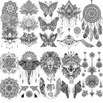 10 lapų juodos chnos laikinos tatuiruotės moterims, merginoms, tatuiruotės ant rankų, netikros mandalos gėlės, gentinės gyvūnų tatuiruotės lipdukai, sapnų gaudyklė