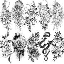 10 lakštų tikroviškos gėlių laikinos tatuiruotės moterims ant rankų netikros medūzos tatuiruotės juodos 3D bijūnų rožės gyvatės tatuiruotės ilgai išliekančios
