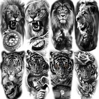 8 lakštai Juodasis liūtas Tigras Laikinos tatuiruotės vyrams Suaugusiesiems Realistiški gyvūnai Neperšlampami tatuiruotės lipdukas Kario gladiatoriaus tatuiruotės