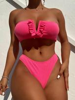 Bandeau Moteriškas maudymosi kostiumėlis Aukšto liemens bikini Rumbuotas bikini komplektas Vienspalvis moteriškas maudymosi kostiumėlis Braziliškas bikinis Maudymosi kostiumai Paplūdimio drabužiai S rožinė