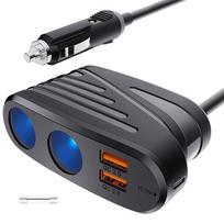 QC3.0 automobilinis įkroviklis, 120 W automatinio lizdo žiebtuvėlio skirstytuvas DC 12 V maitinimo adapterio lizdo plėtinys su dvigubu USB palydovinės navigacijos įrenginiui, „DashCam“, „iPhone“, „iPad“ ir kt. 9.65x6.2x3.2cm juoda