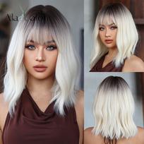 ALAN EATON Ombre platininės blondinės Bob perukas trumpi garbanoti sintetiniai perukai su kirpčiukais baltaodėms moterims cosplay kasdieniam naudojimui vakarėliams netikri plaukai gray