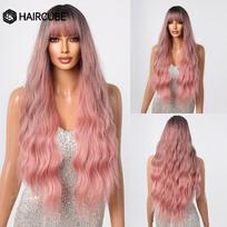 HAIRCUBE ilgas banguotas rožinis Ombre sintetinis perukas su kirpčiukais Natural Hairline perukas moterims Cosplay Daily Party karščiui atspariems plaukams