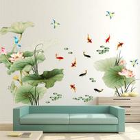 PVC Lotus Carp Flying Bird Sienų lipdukai Kinų stiliaus Vinilo siena Lipni tapetai Miegamojo #2pcs 60x90cm typesetting