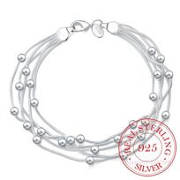 925 subtili sidabrinė apyrankė, 925 sterlingų sidabro papuošalai penkių linijų karoliukai rutuliniai apyrankės moterims Pulseiras De Prata