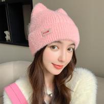Moteriška miela katės ausų žieminė kepurė madinga dirbtinio kailio megzta kepurė Kpop stiliaus minkštos kepuraitės moterims saldžių spalvų gatvės stiliaus kepurė