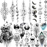 6 lakštai juodos erdvės laikinos tatuiruotės suaugusiems Geometrinės planetos netikros tatuiruotės Visatos astronautų galaktikos tatuiruotės moterims, vyrams