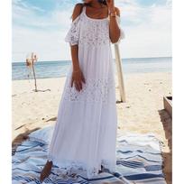Lace Cotton Patchwork Nėriniai Paplūdimio suknelė Ilgas maudymosi kostiumėlis Cover ups BeachTunic One size balta