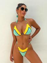 Push Up Bikini Color Block Moteriškas maudymosi kostiumėlis Seksualus bikinių rinkinys Aukšto kirpimo moteriškų maudymosi kostiumėlių žiedas Biquini Mikro maudymosi kostiumai Paplūdimio drabužiai S žalia
