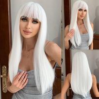 HAIRCUBE ilgas baltas sintetinis perukas su kirpčiukais Straight Fier Perukai moterims Daily Cosplay Party Karščiui atsparūs plaukų perukai