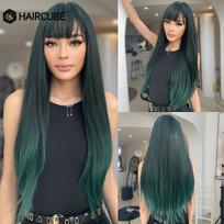 HAIRCUBE Ilgi tiesūs tamsiai žali sintetiniai perukai Cosplay plaukai su kirpčiukais Moteriški perukai Kasdieniai naudojami karščiui atsparūs perukai