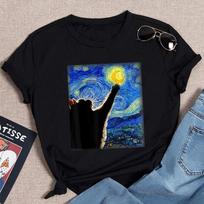 Van Goghas Žvaigždėtas naktinis katinas, madingi, minkšti vasariniai moteriški marškinėliai, tapyba, madingi kaklo marškinėliai XXL