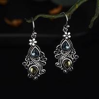 Moteriški 925 vintažiniai tailandietiški sidabriniai Creative Pass Flower Drop Pear auskarai Vintage Aqua Blue Topaz Auskarai Moteriški Dailūs papuošalai