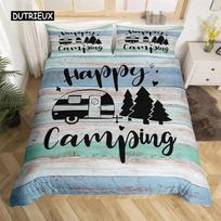 Camping Duvet Cover Set Cartoon Camper Comforter Cover Old Barn Door Bedding Set Cowboys Wooden Farmhouse Style for Kids Decor three piece set EU single(135x200cm)