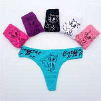 Women Sexy G-String Cotton Thong Cartoon Kitty Print T Back Underwear Kawaii Cat Panties 6 Pcs/set M