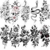10 lapų realistiškos laikinos gėlių tatuiruotės moterims, rankos, 3D netikra tatuiruočių pasta, juoda rožė, gyvatė, bijūnas, tatuiruotės, kūno menas, piešinys