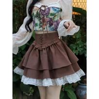 Kawaii Lolita Skirt Women Autumn Winter Vintage High Waist A-line Lace Patchwork Bow Japanese Fashion Brown Mini Skirt S ruda