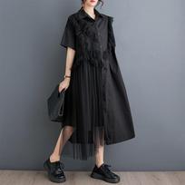 Short sleeve Plus size black cotton mesh vintage  new in dresses for women casual loose long summer shirt dress
