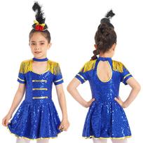 Vaikų mergaičių cirko žiedų meistro kostiumai Helovino Cosplay vakarėlio puošniai pasipuošti suknelė trumpomis rankovėmis su mini kepure 5-6 Years karališkos mėlynos spalvos
