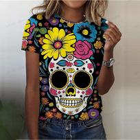 Scary Flower Skull Print Vasariniai moteriški marškinėliai O formos iškirpte trumpomis rankovėmis Street Cool Tops Marškinėliai Moteriški dideli drabužiai laisvalaikio viršutinė dalis adultXXS black