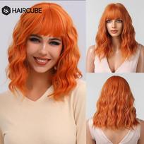 HAIRCUBE Oranžiniai trumpi Bob sintetiniai perukai Natural Wave Moteriški perukai su kirpčiukais Daily Lolita karščiui atsparūs madingi perukai