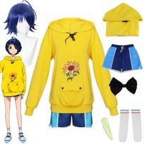 Anime WONDER EGG PRIORITY Ohto Ai Cosplay kostiumas tamsiai mėlynas perukas su gobtuvais Kelnės Bow Kojinės Apranga Kalėdų karnavaliniai drabužiai L-(Costume+Wig)