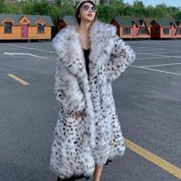 Faux Fox Fur Grass Coat Women's Mid Length Over Knee Fur Coat Youth Black and White Leopard Pattern Fur Coat S