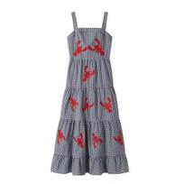 Vasaros moteriška suknelė su vėžio siuvinėjimu, be rankovių, languota, kvadratine iškirpte, A formos, laisvu apvadu, patchwork, kvėpuojanti, minkšta, atostogų, paplūdimio, midi suknelė L juoda