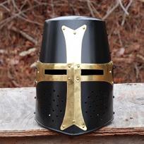 Cursed Crusader Pure Brass Steel Black Functional Great Helm Knights Bucket Šalmas
